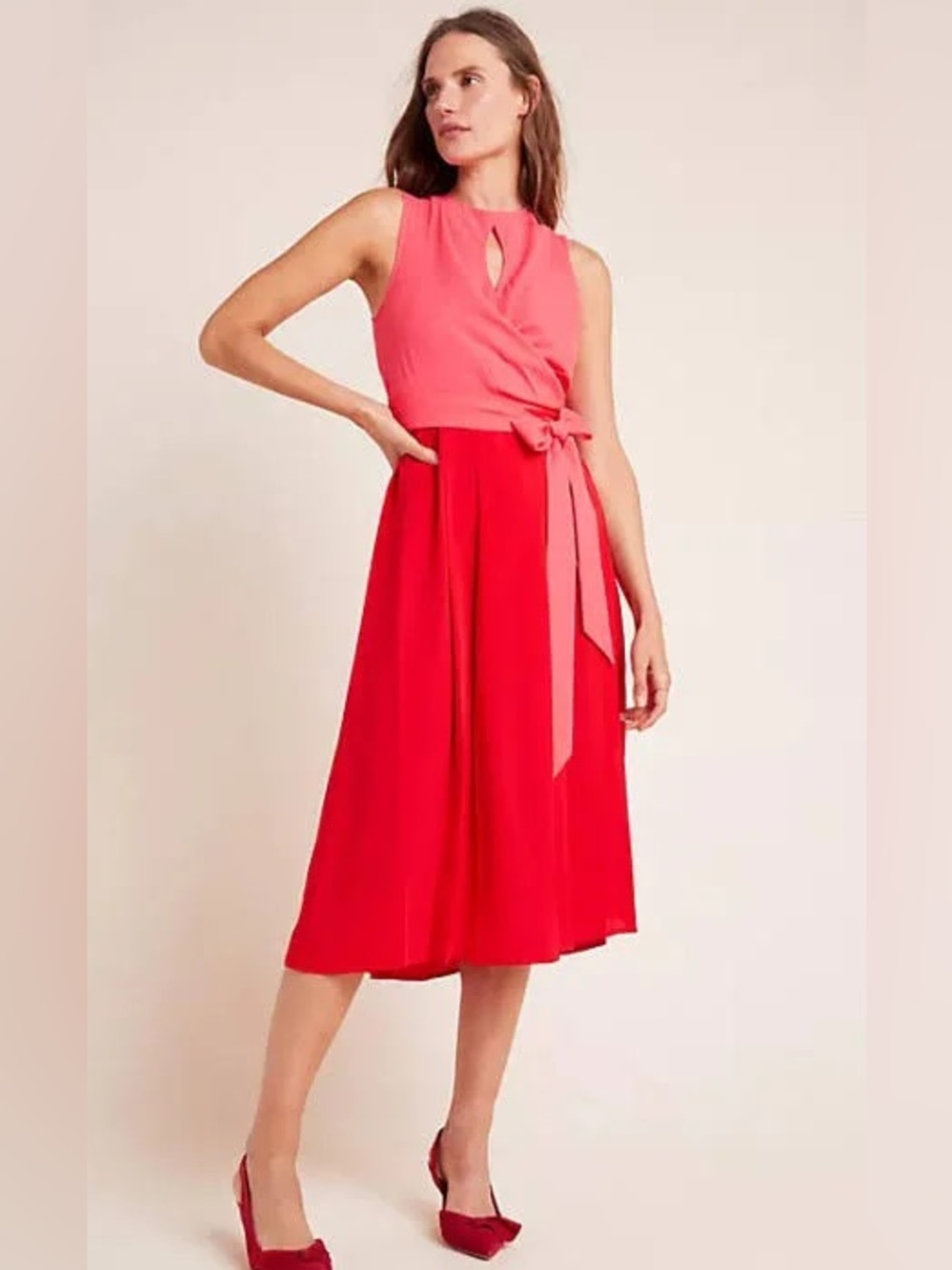 Anthropologie Mare Mare Pietra Colorblock Pink Red Tie Waist Midi Dress Medium
